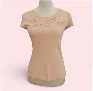 Cabo Vintage Y2K Pink Beaded Leaf Embroidered Mesh Cutout Ribbed Short Sleeve To